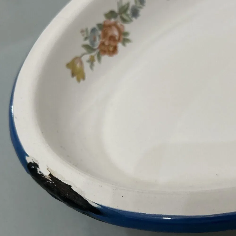 Vtg Enamelware Floral Print Rose Cinsa Brand Saltillo Mexico Oval Blue Trim